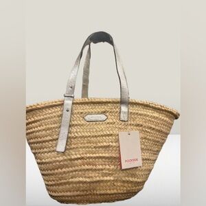 Poolside New York Woven Straw Tote Silver Leather Handles NWT